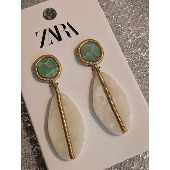 ZARA Double Stone Earrings Green Cream Gold Retro Teardrop Dangle Drop Glam NEW - Picture 1 of 9